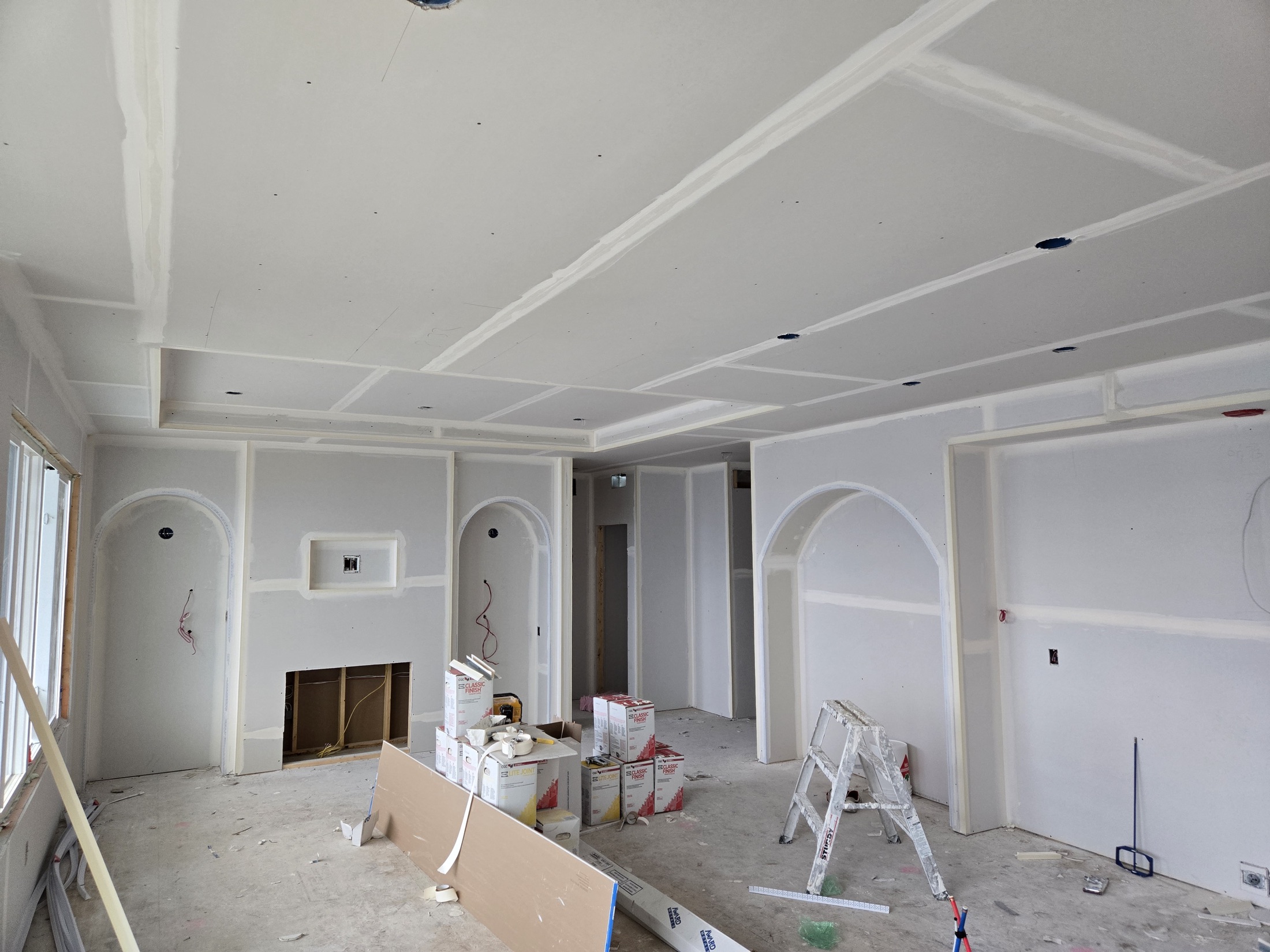 Coffered ceiling drywall finished and ready for paint